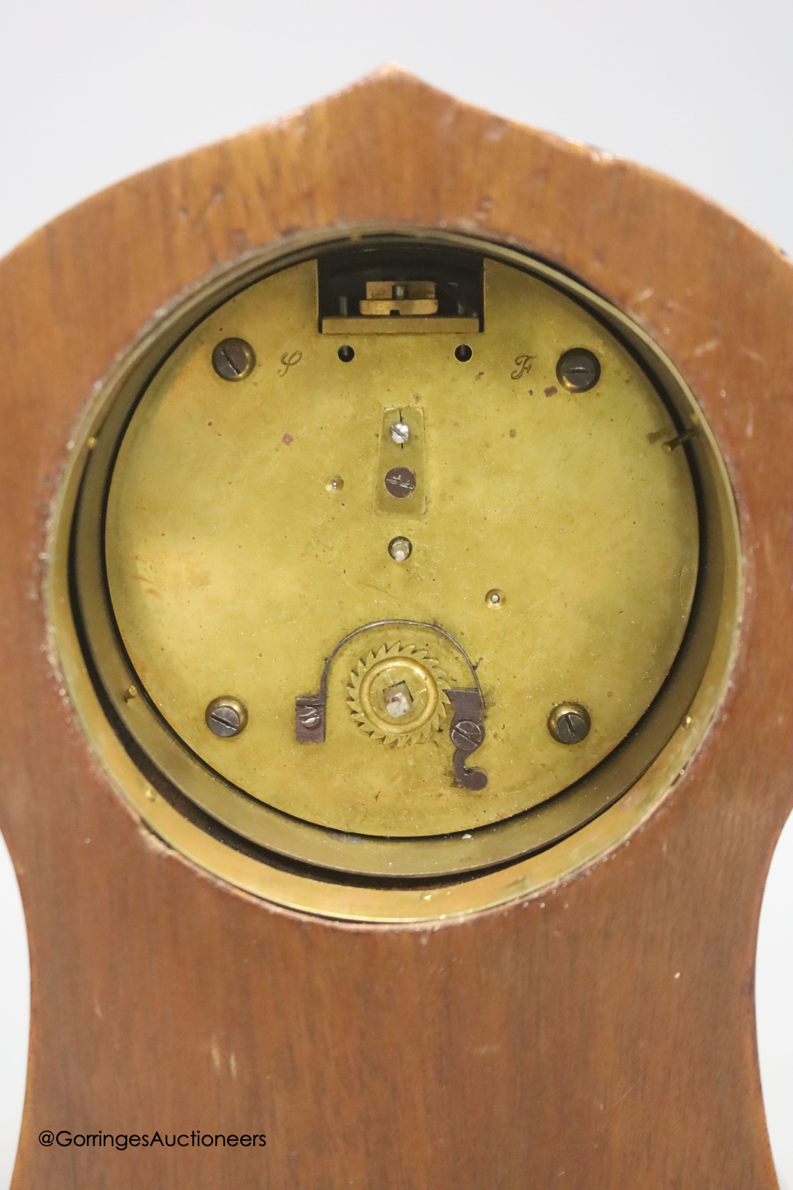 An Edwardian burr yew mantel clock, height 22cm, French drum movement